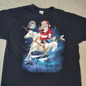 Christmas Santa Cat Riding Unicorn Believe Black T-Shirt 2XL